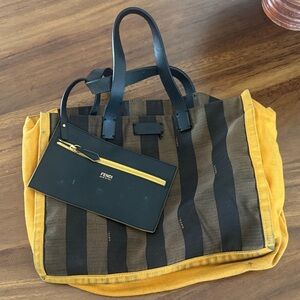 Fendi Black Leather Zip Pouch with Brown & Yellow Striped Canvas Tote